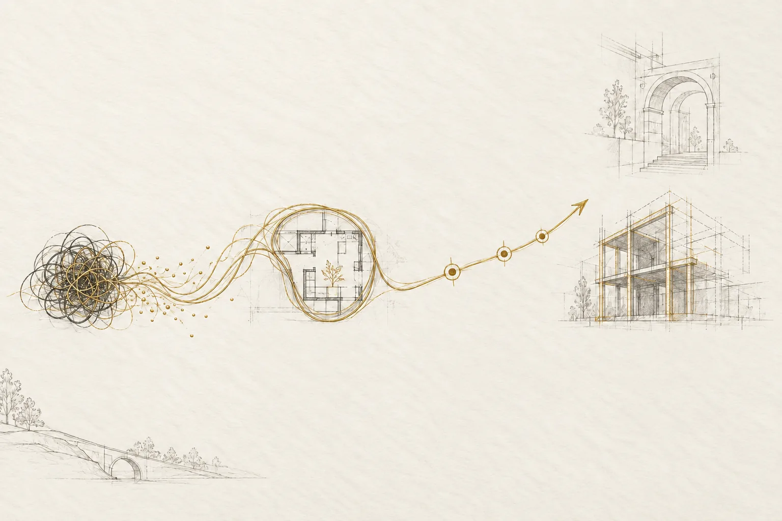 A pencil and gold ink sketch: a tangled knot of lines loosens, gathers into a drawn floor plan, and rises along a marked path toward a built house.