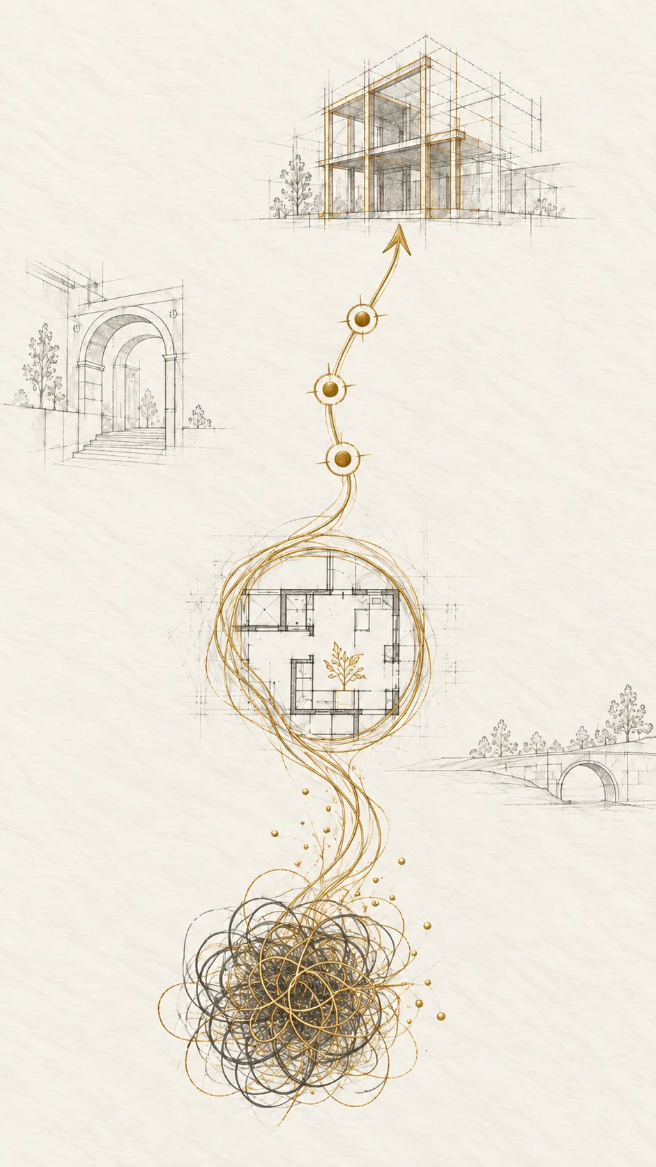 A pencil and gold ink sketch: a tangled knot of lines loosens, gathers into a drawn floor plan, and rises along a marked path toward a built house.