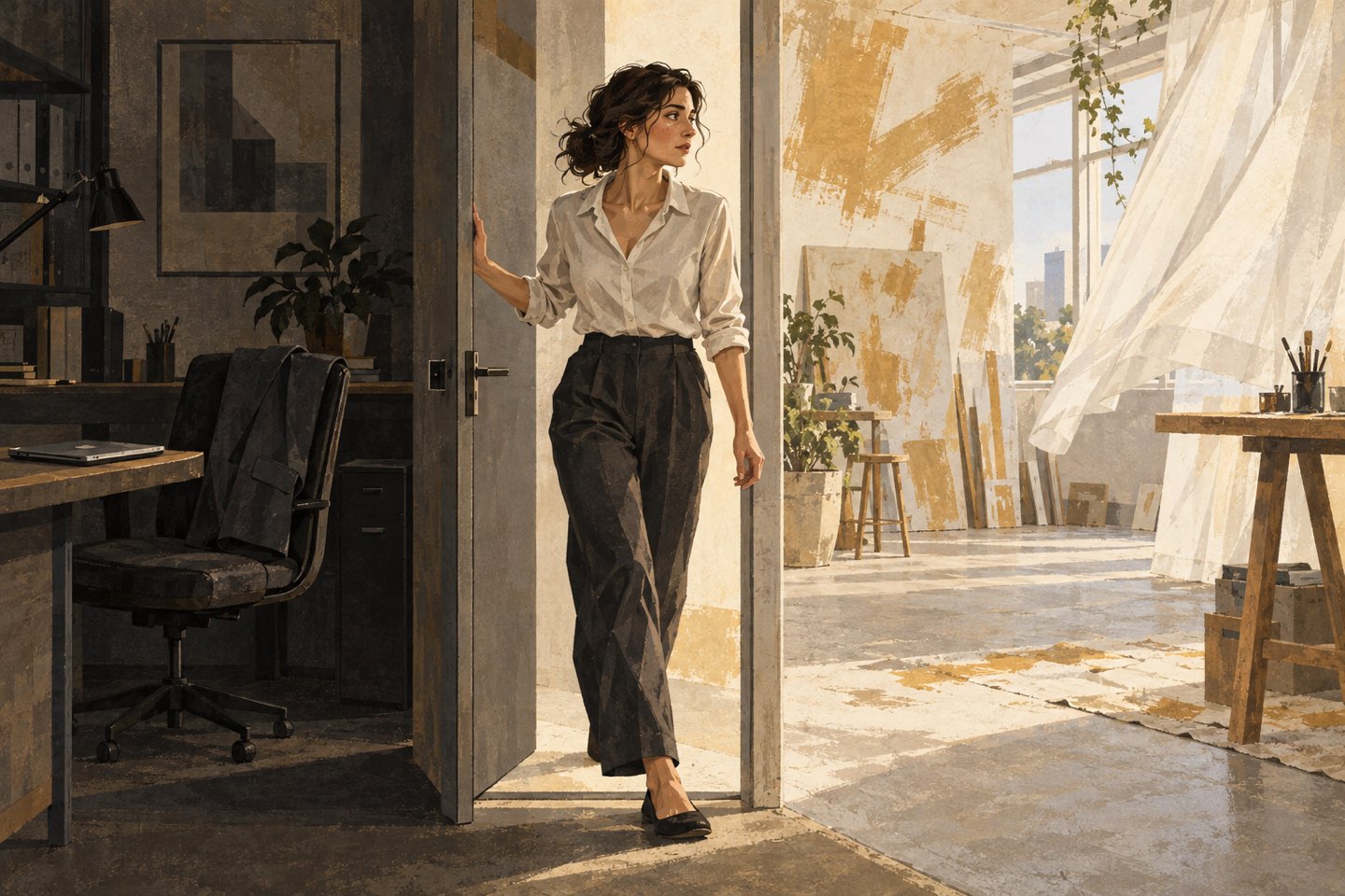 A woman in a white blouse stepping out of a room into the light