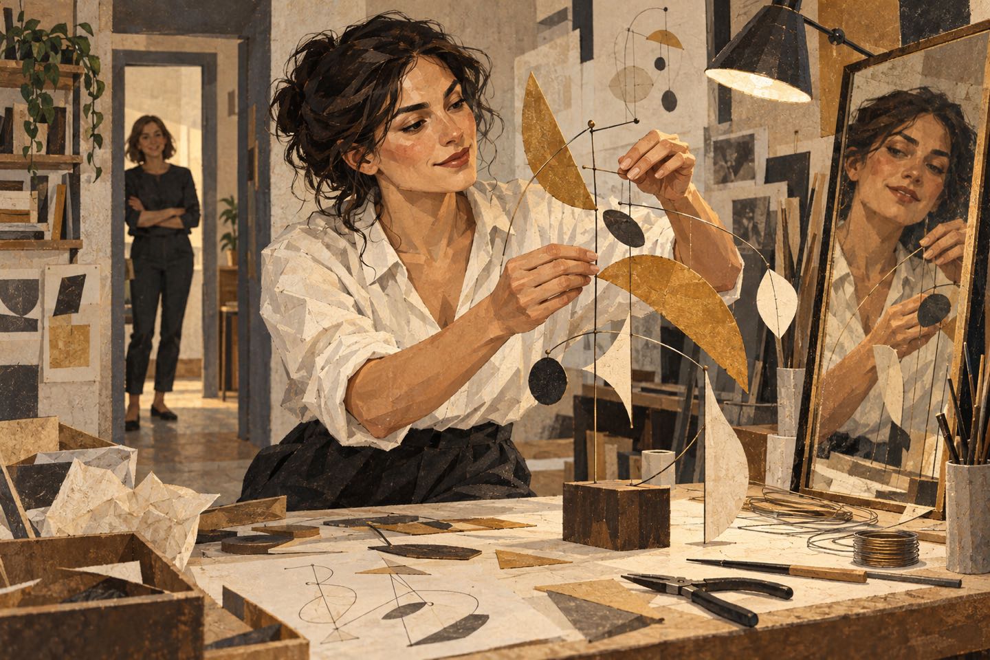 An artist in a studio assembling a hanging sculpture
