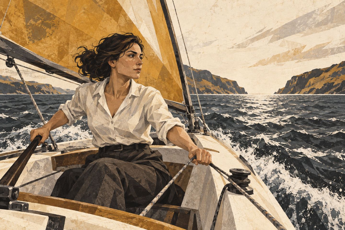 A woman steering a sailing boat across open water