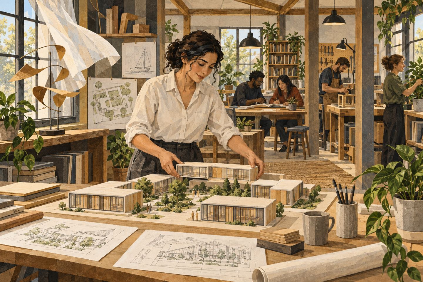 A woman working at an architectural model in a shared workshop