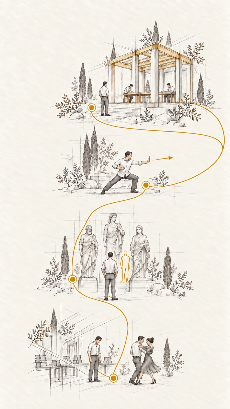 A pencil and gold ink sketch along a gold route: a man stands tired in a cluttered office, then dances tango with a partner, stands among three classical statues beside a gold outline of himself, takes a martial arts stance with a palm pushing forward, and finally watches from the steps of a gold-framed pavilion where two people work at desks without him.