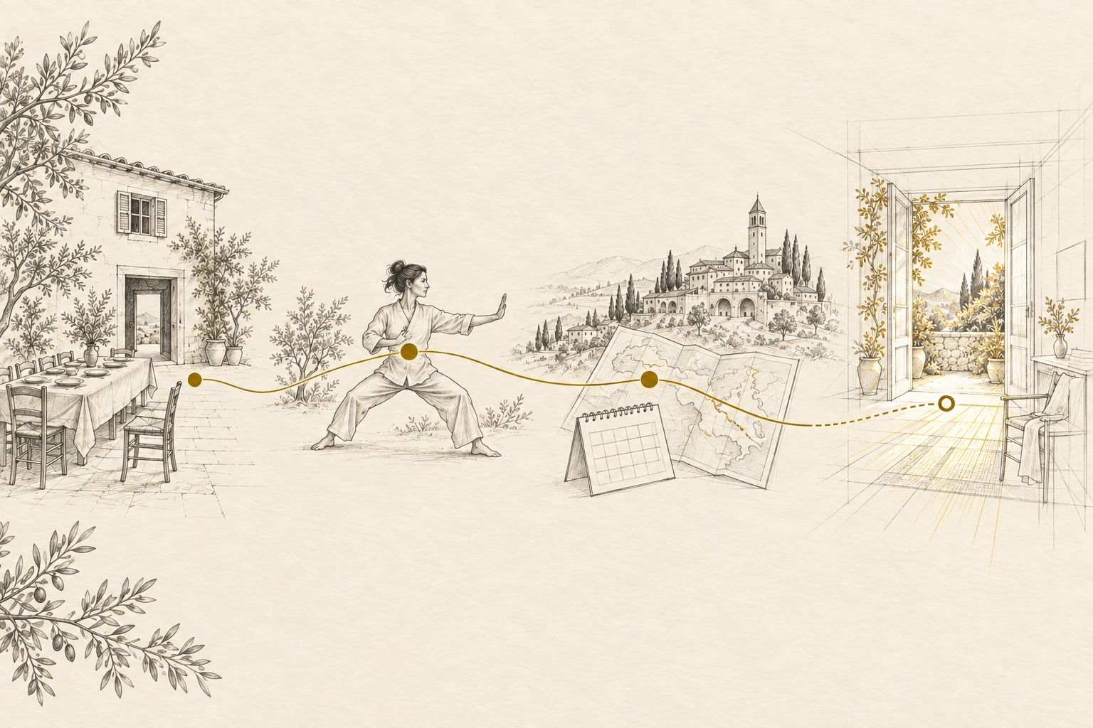 A pencil and gold ink sketch: a quiet house with a long table set for many, a woman in a grounded martial-arts stance, a map and calendar toward an Italian hill town, and an unfinished room of her own opening onto a garden, joined by one gold route.