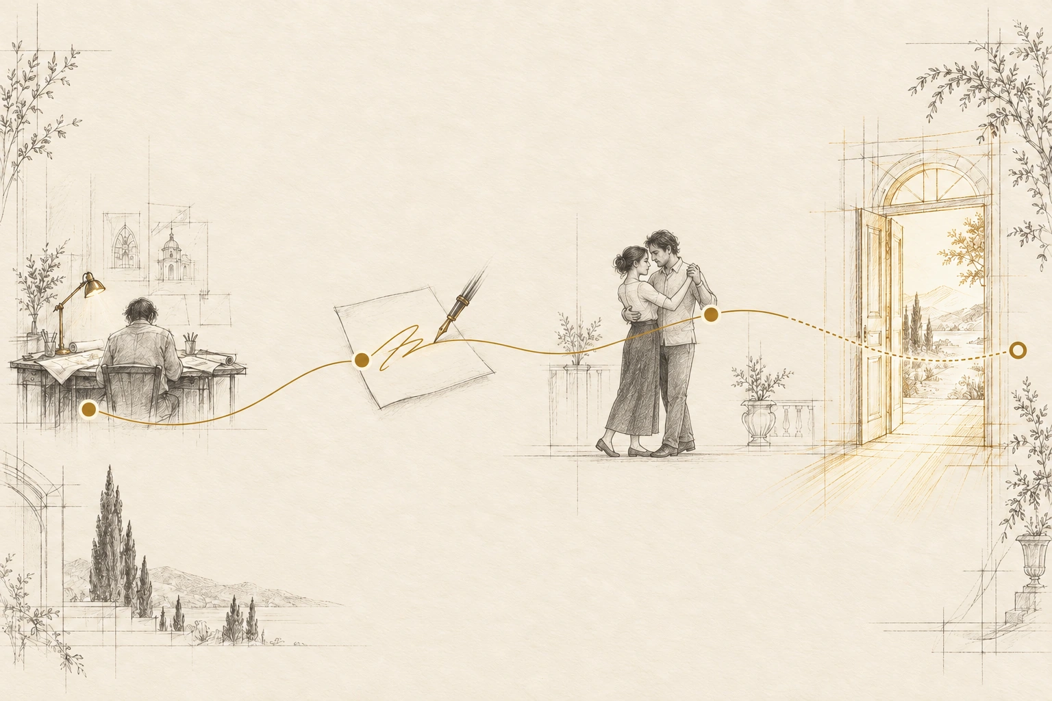 A pencil and gold ink sketch: a man at a drafting desk with his drawings turned away, a pen signing a page, two people holding a quiet tango embrace, and an open doorway full of light, joined by one gold route.