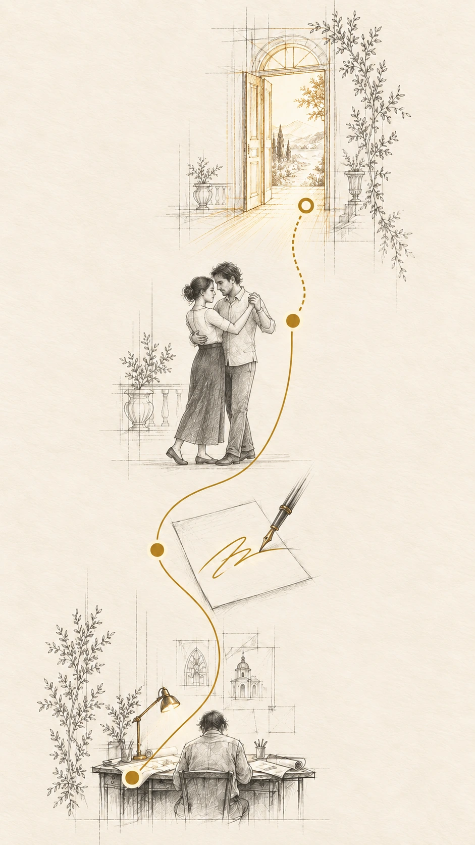 A pencil and gold ink sketch: a man at a drafting desk with his drawings turned away, a pen signing a page, two people holding a quiet tango embrace, and an open doorway full of light, joined by one gold route.