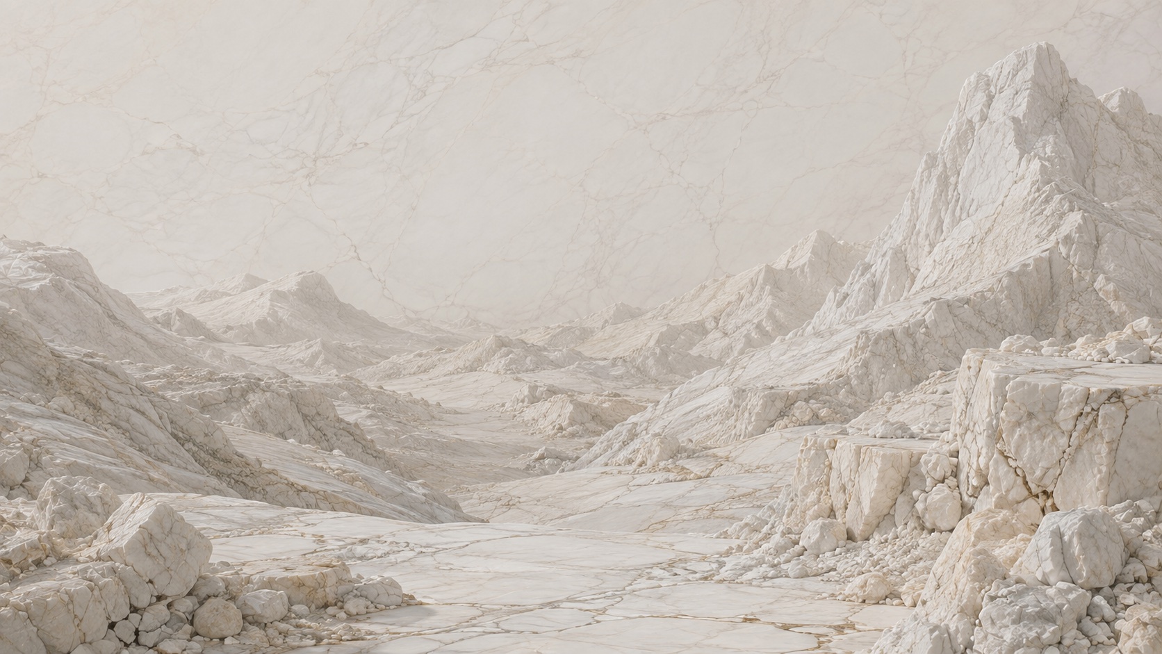 A marble valley opening between pale mountain ridges, the floor rising toward a distant pass.