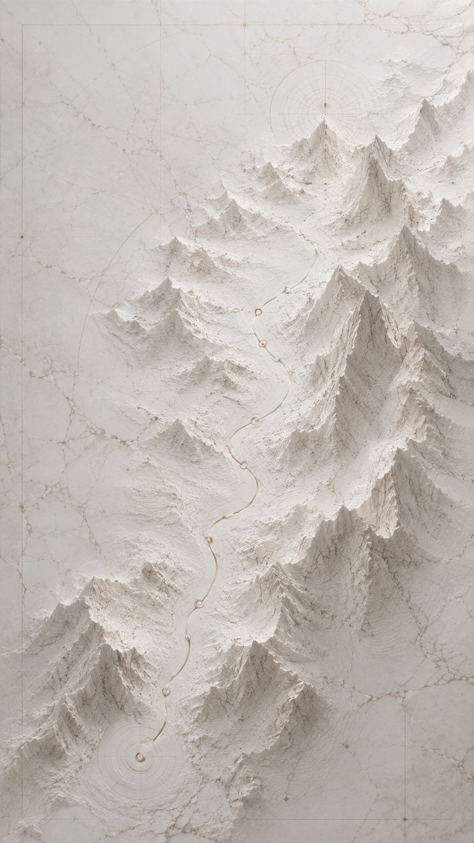 A marble relief of mountain terrain with a winding path rising from a compass rose at the foot to the summit, marking the four stations of the method.